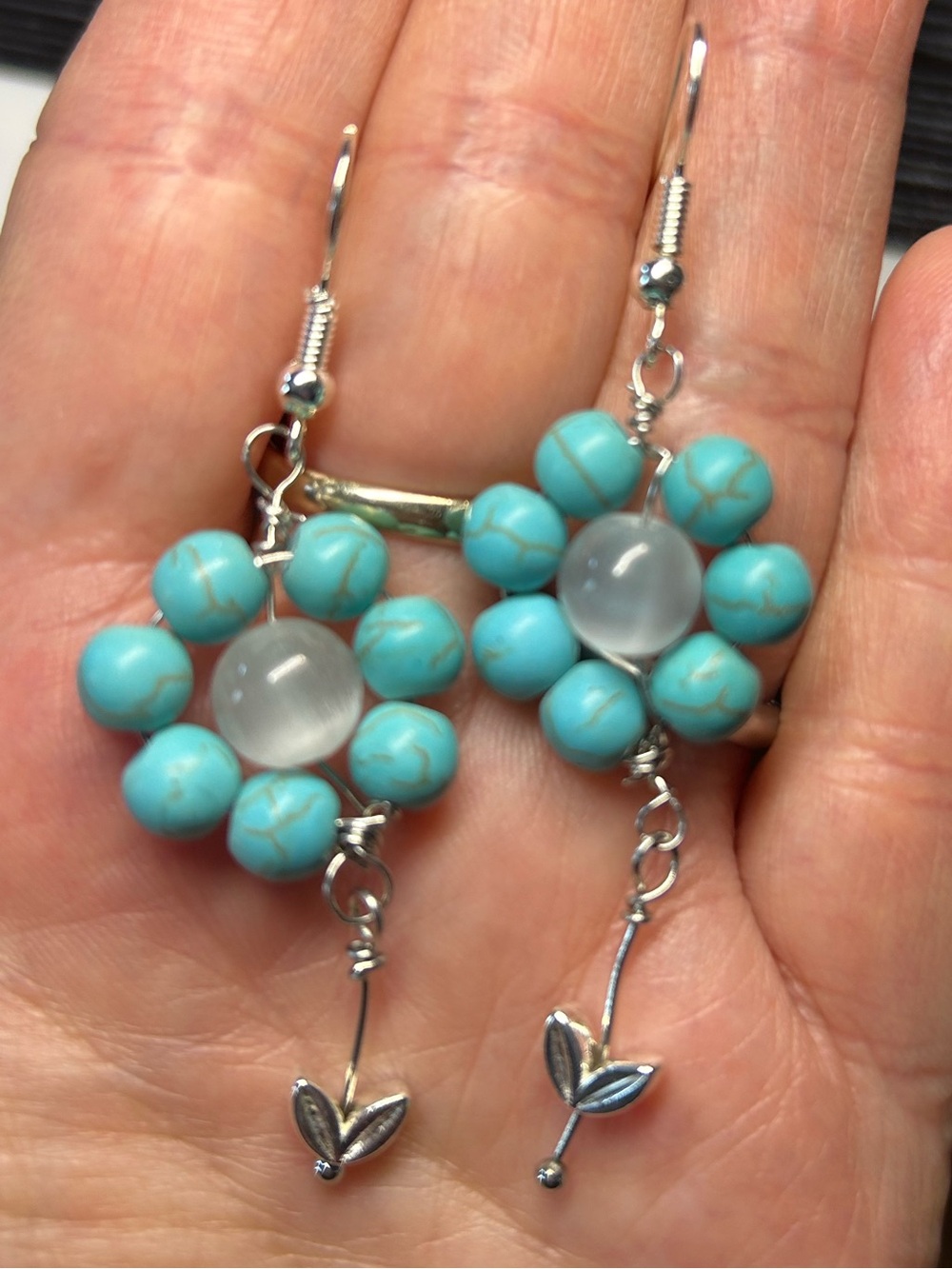 3/$25 Turquoise Flower Dangle Earrings with Silver Leaf Accent
